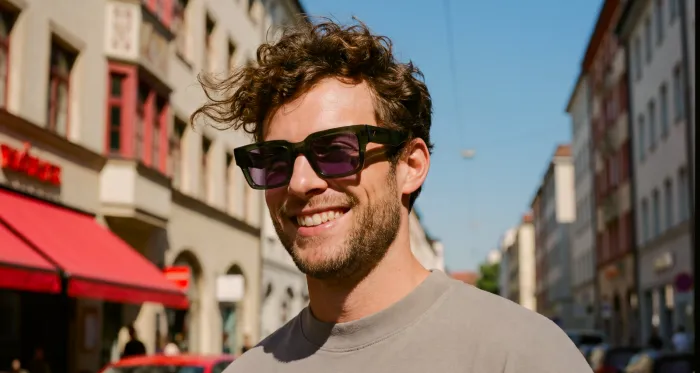 Phototrope Gläser aktivoptik - Mann mit Sonnenbrille lächelt und seine Locken wehen im Wind im Hintergund sind hohe Gebäude