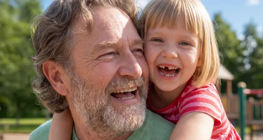 Headerbild Kontaklinsen aktivoptik - Nahaufnahme älterer Mann ohne Brille und ein kleines Mädchen mit Zahnlücke, lachen zusammen auf einem Spielplatz