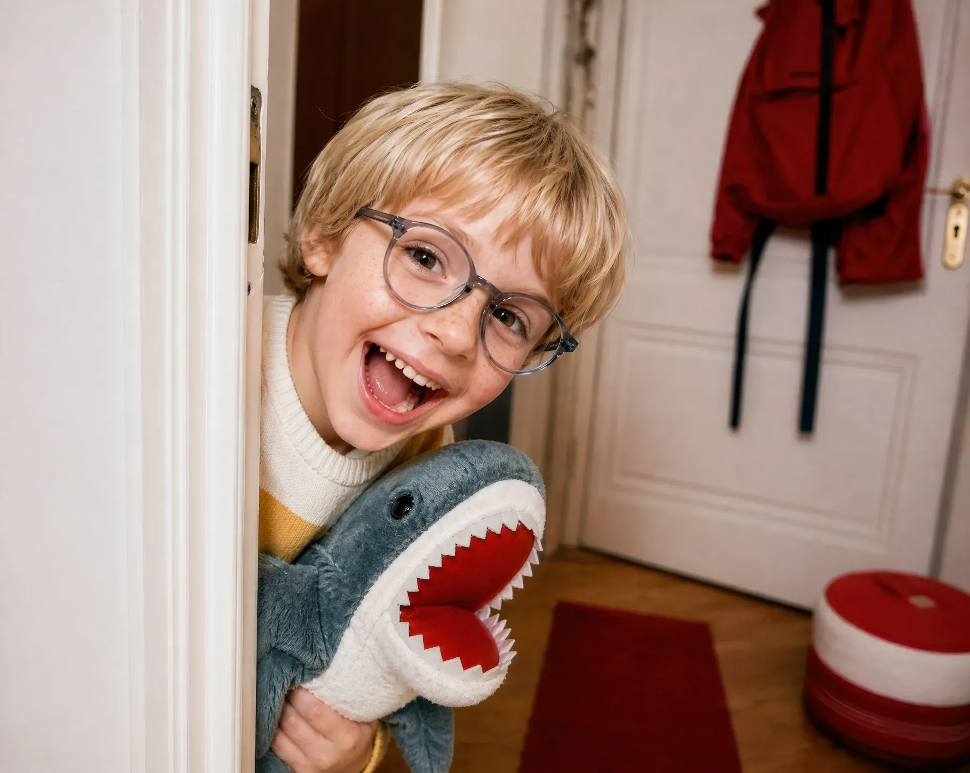 Glasberatung aktivoptik - Kleiner Junge mit Brille schaut lachend hinmter einer Tür hervor und hält in der Hand einen Hai als Kuscheltier. 